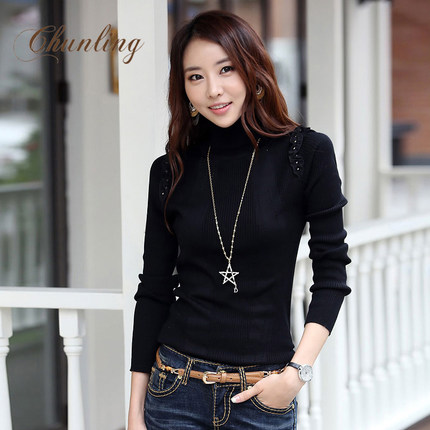 韩版套头高领毛衣女冬厚短款修身大码黑色针织